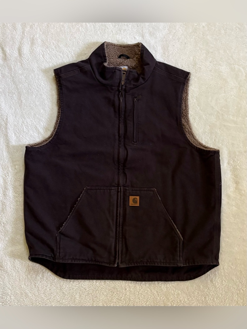 Men’s Carhartt Duck Canvas Sherpa Lined Vest XL Tall Brown Zip Work Wear Jacket